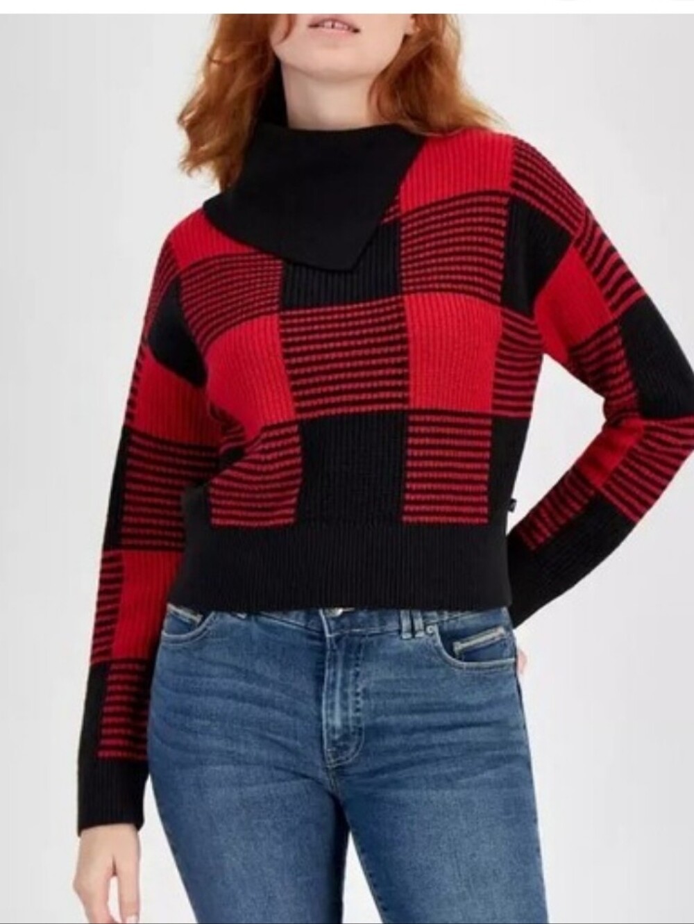 Nautica Red and Black Buffalo-Check Crewneck Sweater